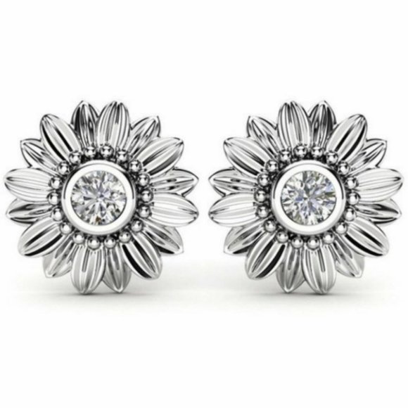 Jewelry - Sterling Silver Diamond Sunflower Stud Earrings